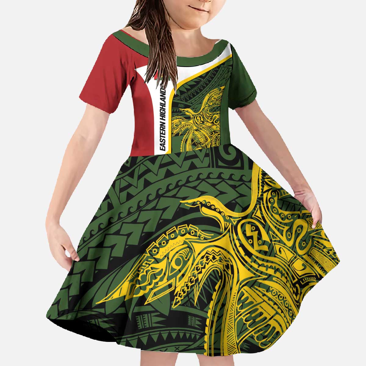 Personalised PNG Eastern Highlands Family Matching Off The Shoulder Long Sleeve Dress and Hawaiian Shirt Bird of Paradise Tattoo Flag Motif - Polynesian Pride