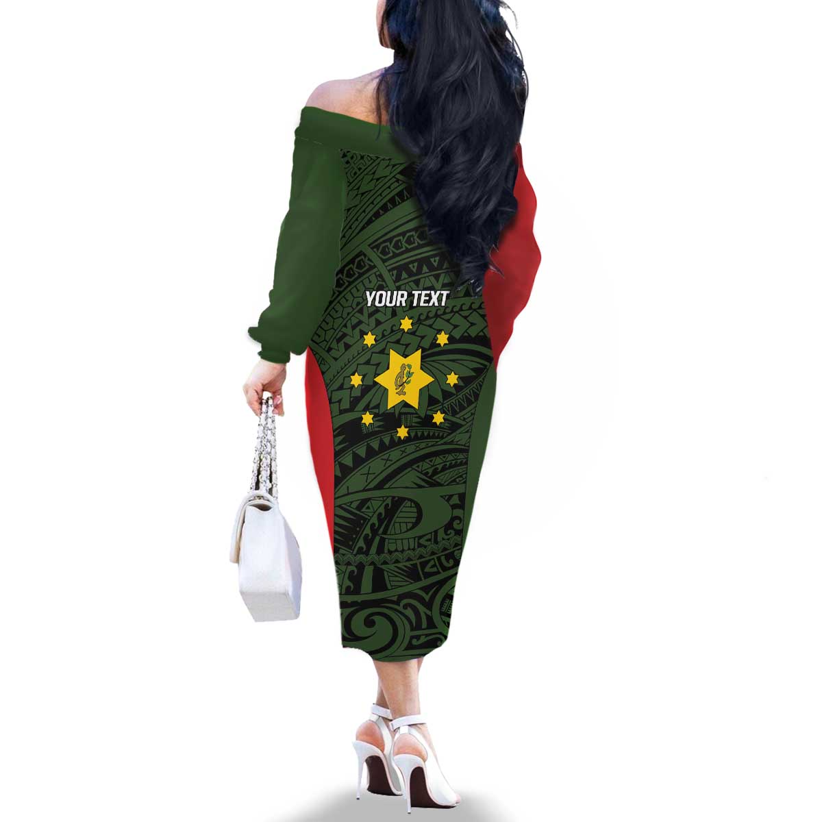 Personalised PNG Eastern Highlands Family Matching Off The Shoulder Long Sleeve Dress and Hawaiian Shirt Bird of Paradise Tattoo Flag Motif - Polynesian Pride