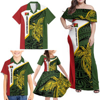 Personalised PNG Eastern Highlands Family Matching Off Shoulder Maxi Dress and Hawaiian Shirt Bird of Paradise Tattoo Flag Motif - Polynesian Pride