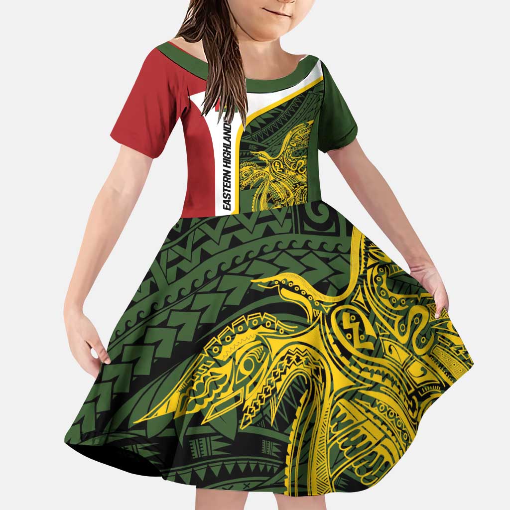 Personalised PNG Eastern Highlands Family Matching Puletasi and Hawaiian Shirt Bird of Paradise Tattoo Flag Motif LT9 Daughter's Dress Green - Polynesian Pride