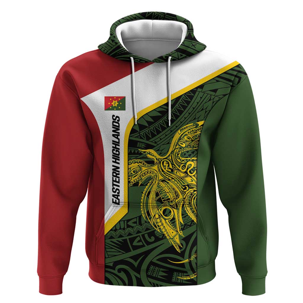 Personalised PNG Eastern Highlands Hoodie Bird of Paradise Tattoo Flag Motif - Polynesian Pride