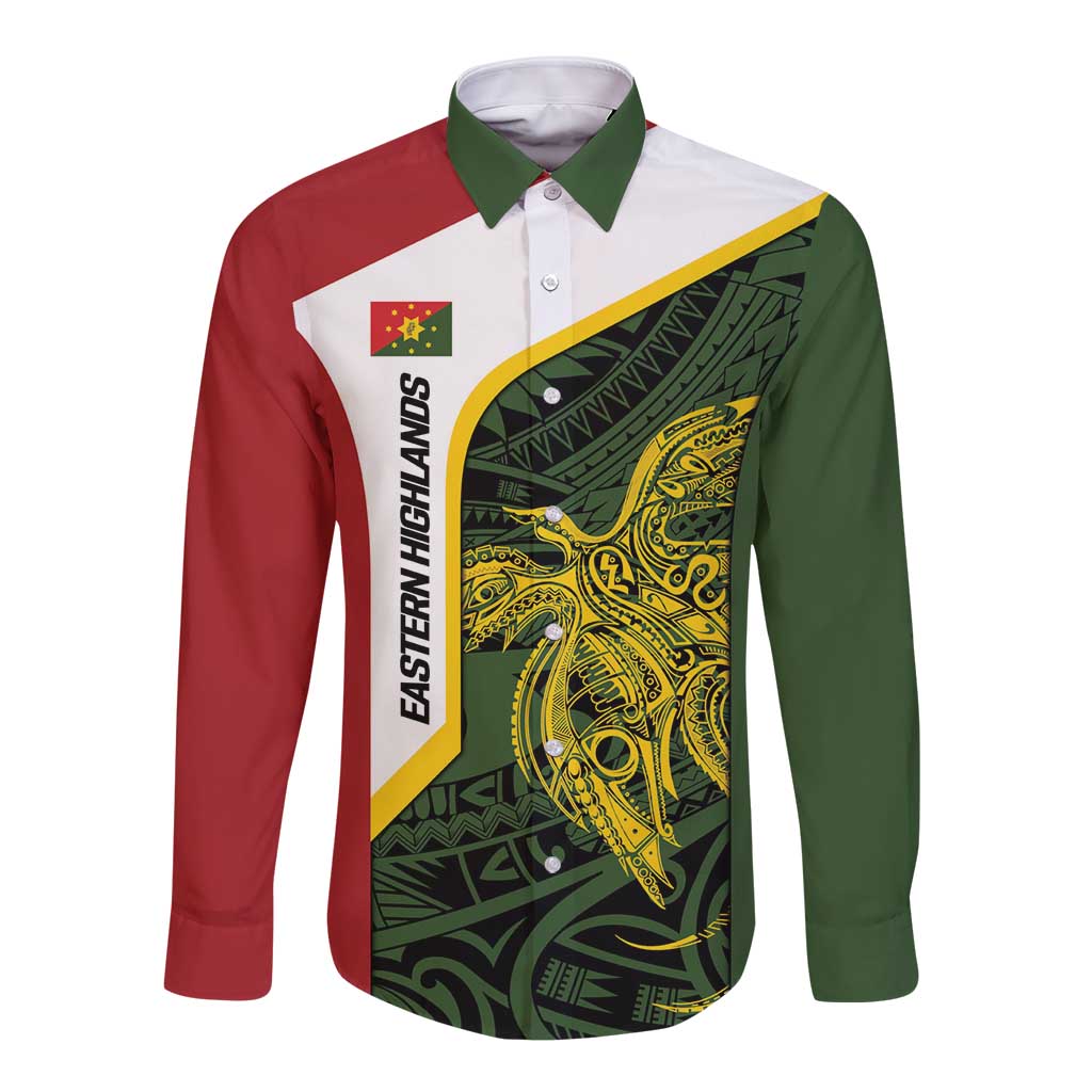 Personalised PNG Eastern Highlands Long Sleeve Button Shirt Bird of Paradise Tattoo Flag Motif LT9 Unisex Green - Polynesian Pride