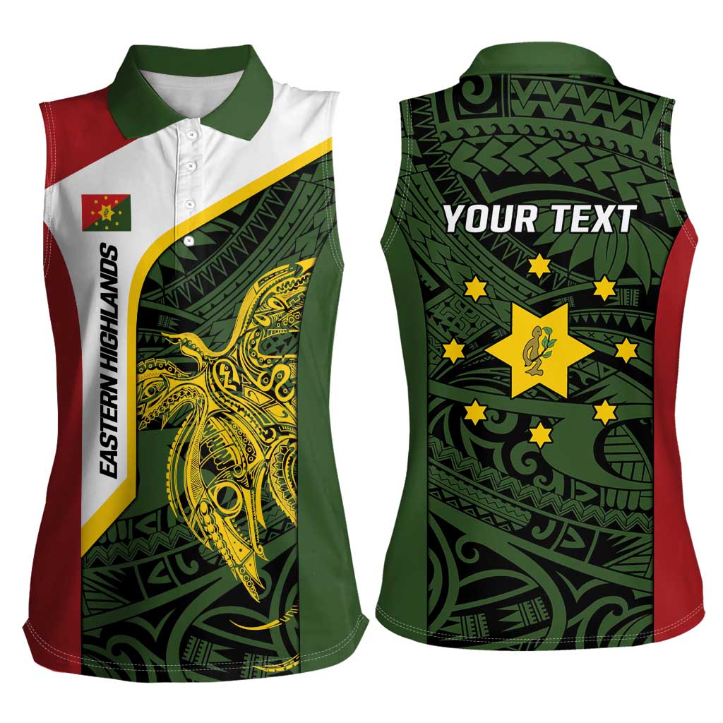 Personalised PNG Eastern Highlands Women Sleeveless Polo Shirt Bird of Paradise Tattoo Flag Motif - Polynesian Pride