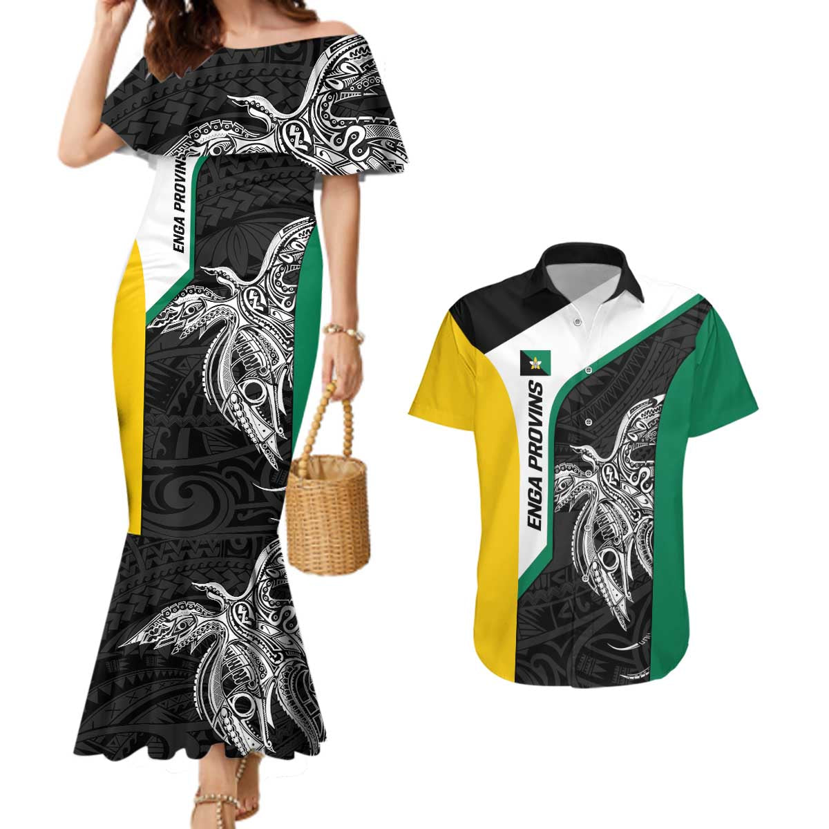 Personalised PNG Enga Province Couples Matching Mermaid Dress and Hawaiian Shirt Bird of Paradise Tattoo Flag Motif - Polynesian Pride