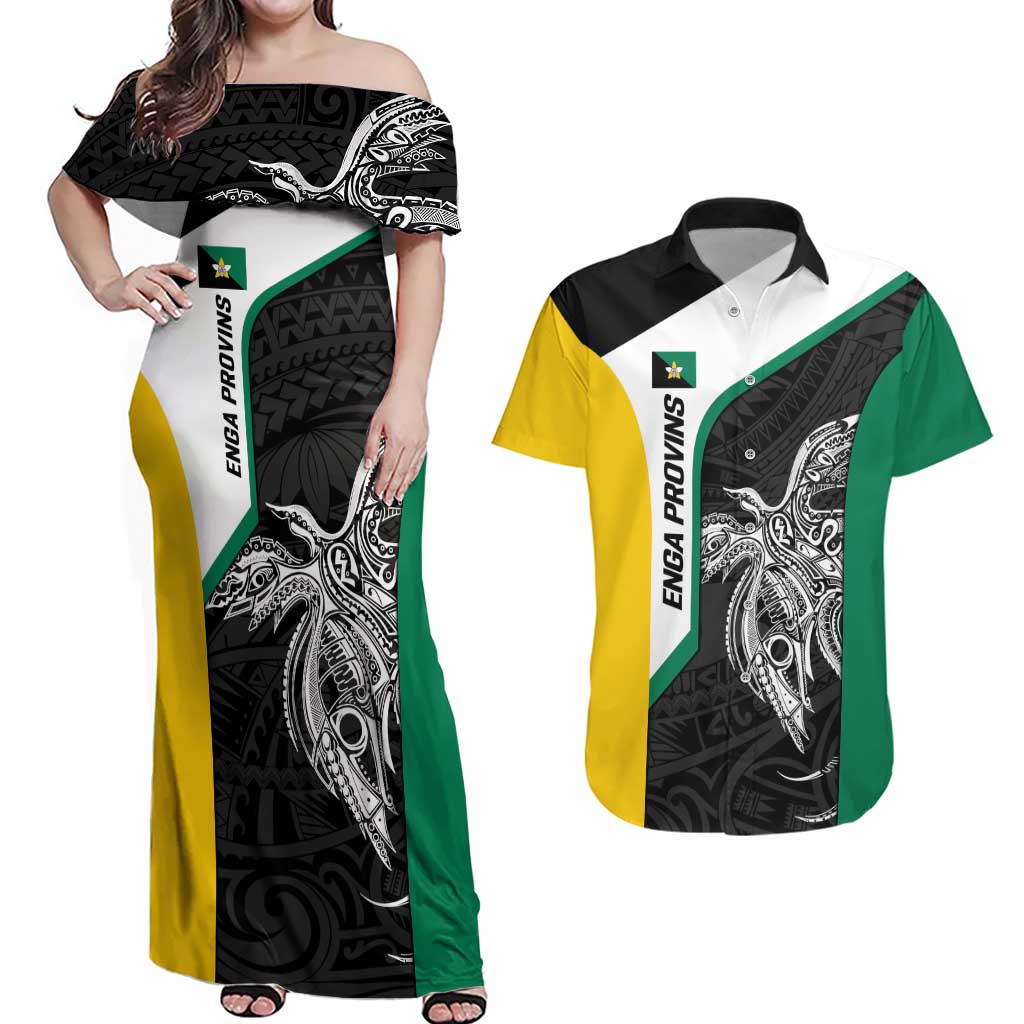 Personalised PNG Enga Province Couples Matching Off Shoulder Maxi Dress and Hawaiian Shirt Bird of Paradise Tattoo Flag Motif - Polynesian Pride