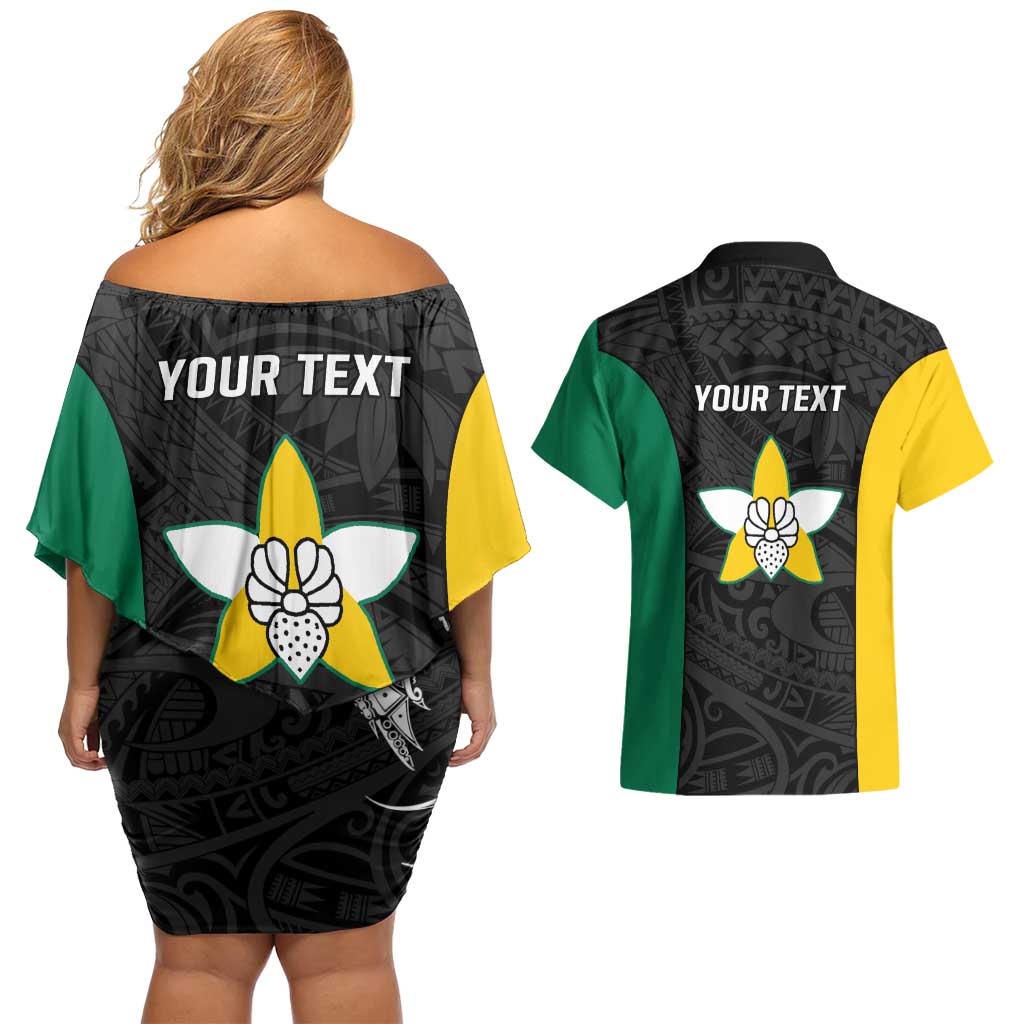 Personalised PNG Enga Province Couples Matching Off Shoulder Short Dress and Hawaiian Shirt Bird of Paradise Tattoo Flag Motif - Polynesian Pride