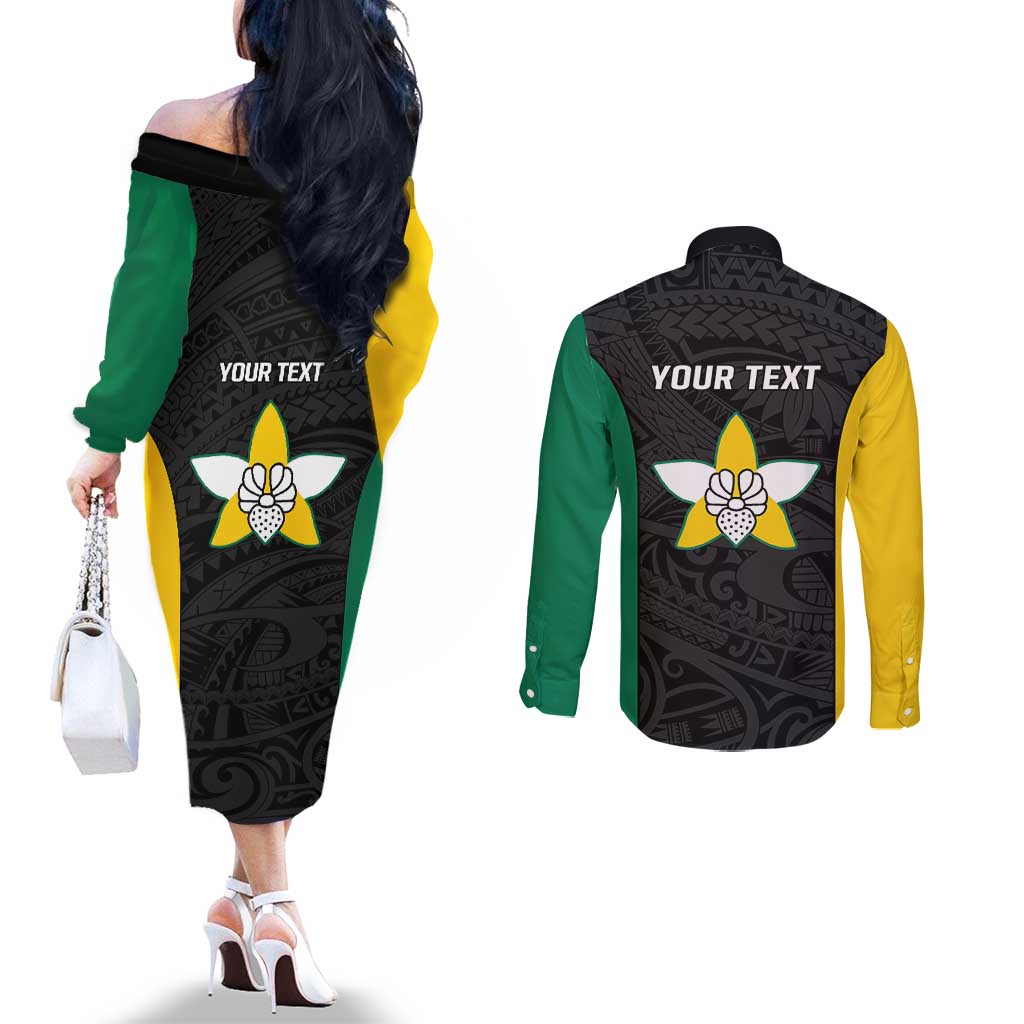 Personalised PNG Enga Province Couples Matching Off The Shoulder Long Sleeve Dress and Long Sleeve Button Shirt Bird of Paradise Tattoo Flag Motif - Polynesian Pride