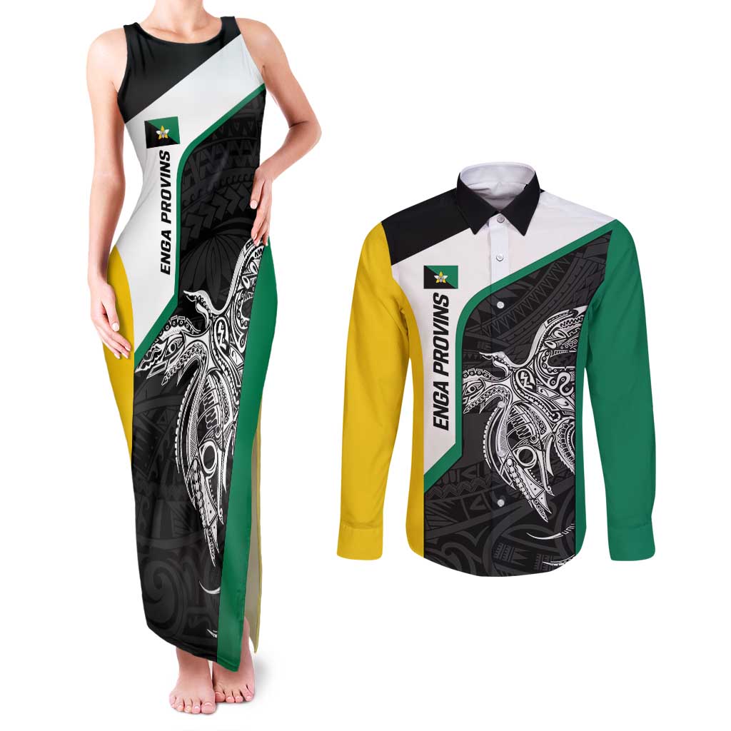 Personalised PNG Enga Province Couples Matching Tank Maxi Dress and Long Sleeve Button Shirt Bird of Paradise Tattoo Flag Motif LT9 Green - Polynesian Pride