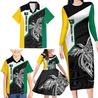 Personalised PNG Enga Province Family Matching Long Sleeve Bodycon Dress and Hawaiian Shirt Bird of Paradise Tattoo Flag Motif - Polynesian Pride