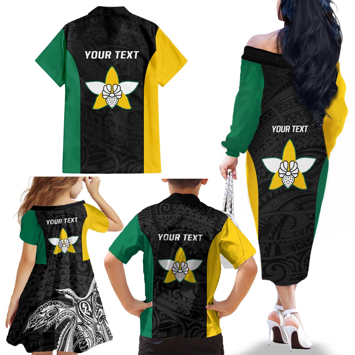Personalised PNG Enga Province Family Matching Off The Shoulder Long Sleeve Dress and Hawaiian Shirt Bird of Paradise Tattoo Flag Motif - Polynesian Pride