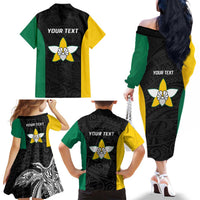 Personalised PNG Enga Province Family Matching Off The Shoulder Long Sleeve Dress and Hawaiian Shirt Bird of Paradise Tattoo Flag Motif - Polynesian Pride