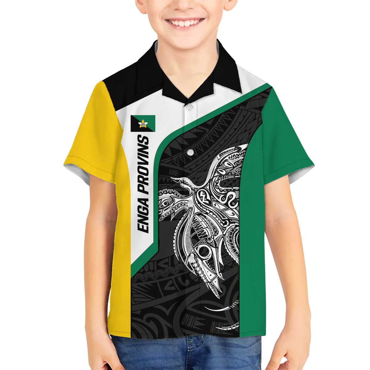 Personalised PNG Enga Province Family Matching Off The Shoulder Long Sleeve Dress and Hawaiian Shirt Bird of Paradise Tattoo Flag Motif - Polynesian Pride