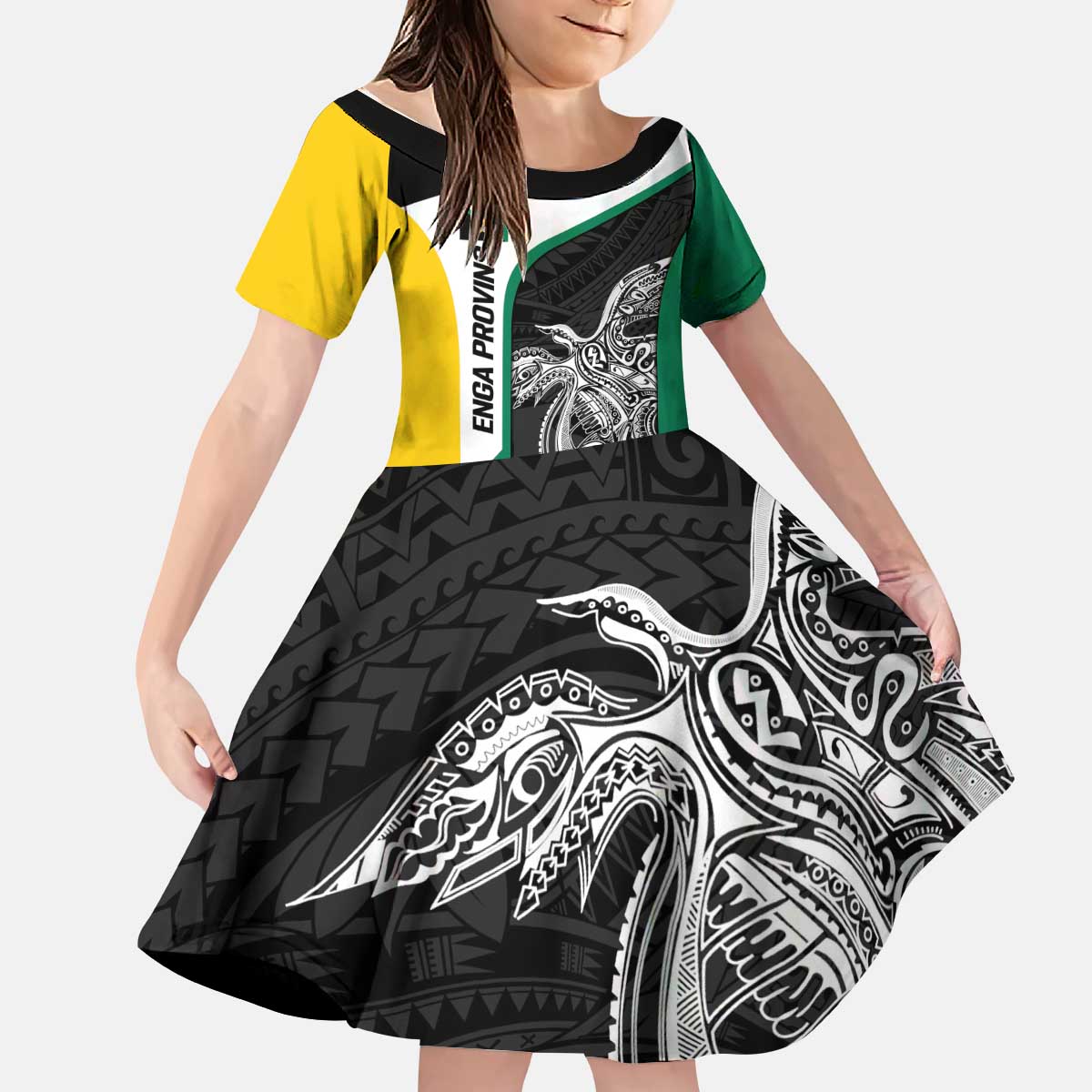 Personalised PNG Enga Province Kid Short Sleeve Dress Bird of Paradise Tattoo Flag Motif - Polynesian Pride