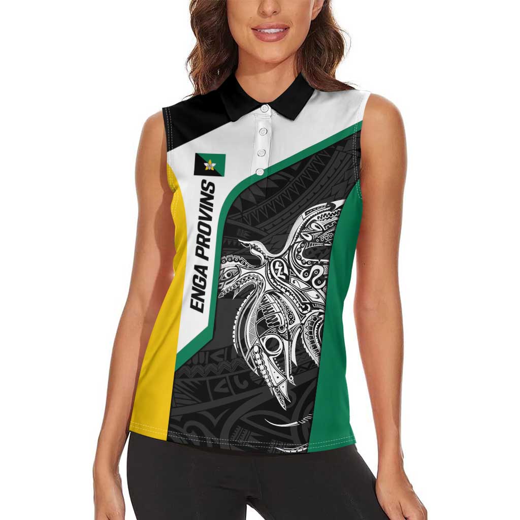 Personalised PNG Enga Province Women Sleeveless Polo Shirt Bird of Paradise Tattoo Flag Motif - Polynesian Pride