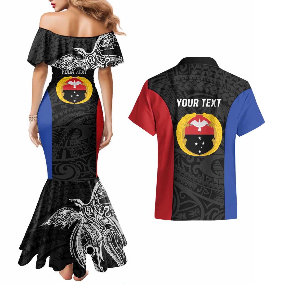 Personalised PNG Gulf Province Couples Matching Mermaid Dress and Hawaiian Shirt Bird of Paradise Tattoo Flag Motif - Polynesian Pride