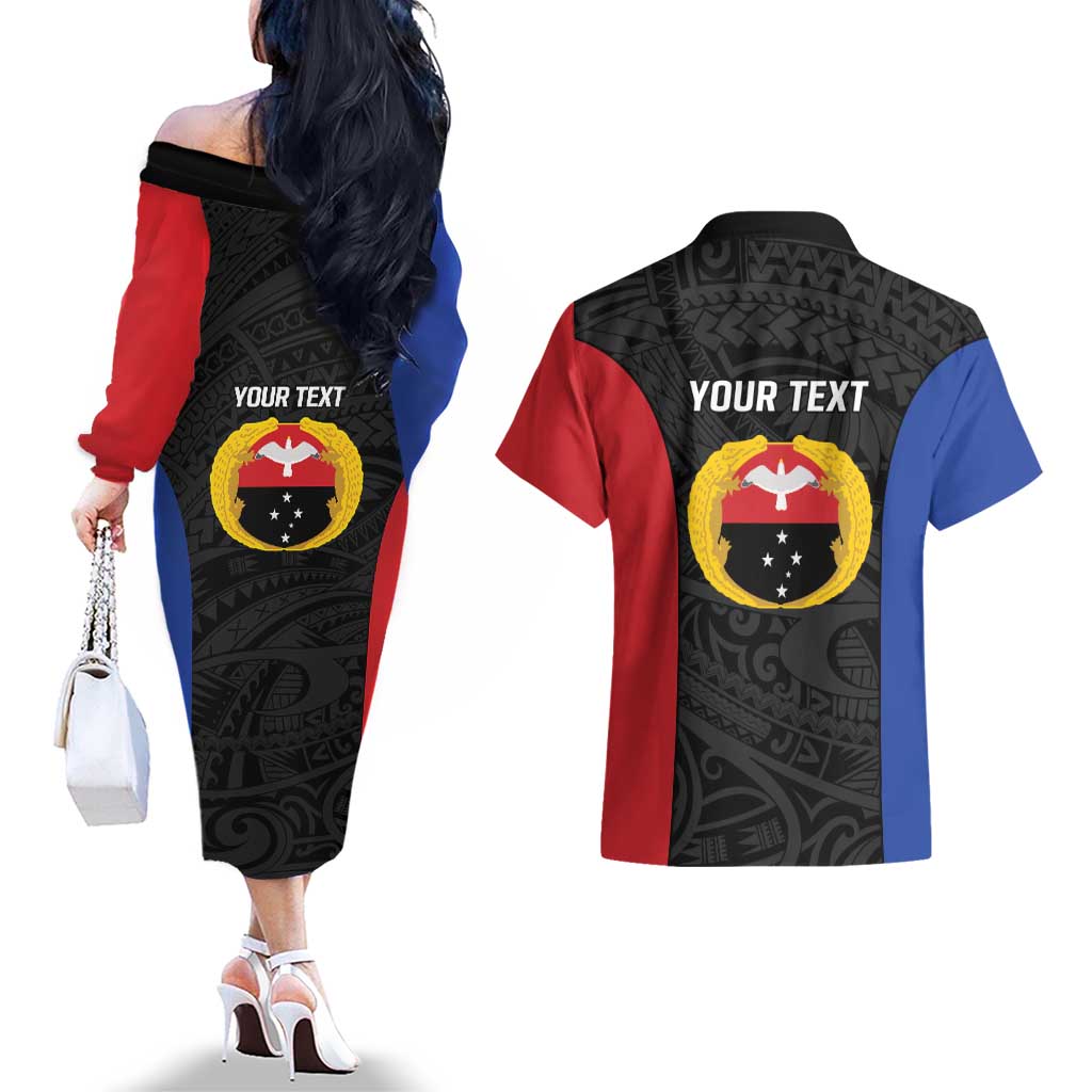 Personalised PNG Gulf Province Couples Matching Off The Shoulder Long Sleeve Dress and Hawaiian Shirt Bird of Paradise Tattoo Flag Motif - Polynesian Pride