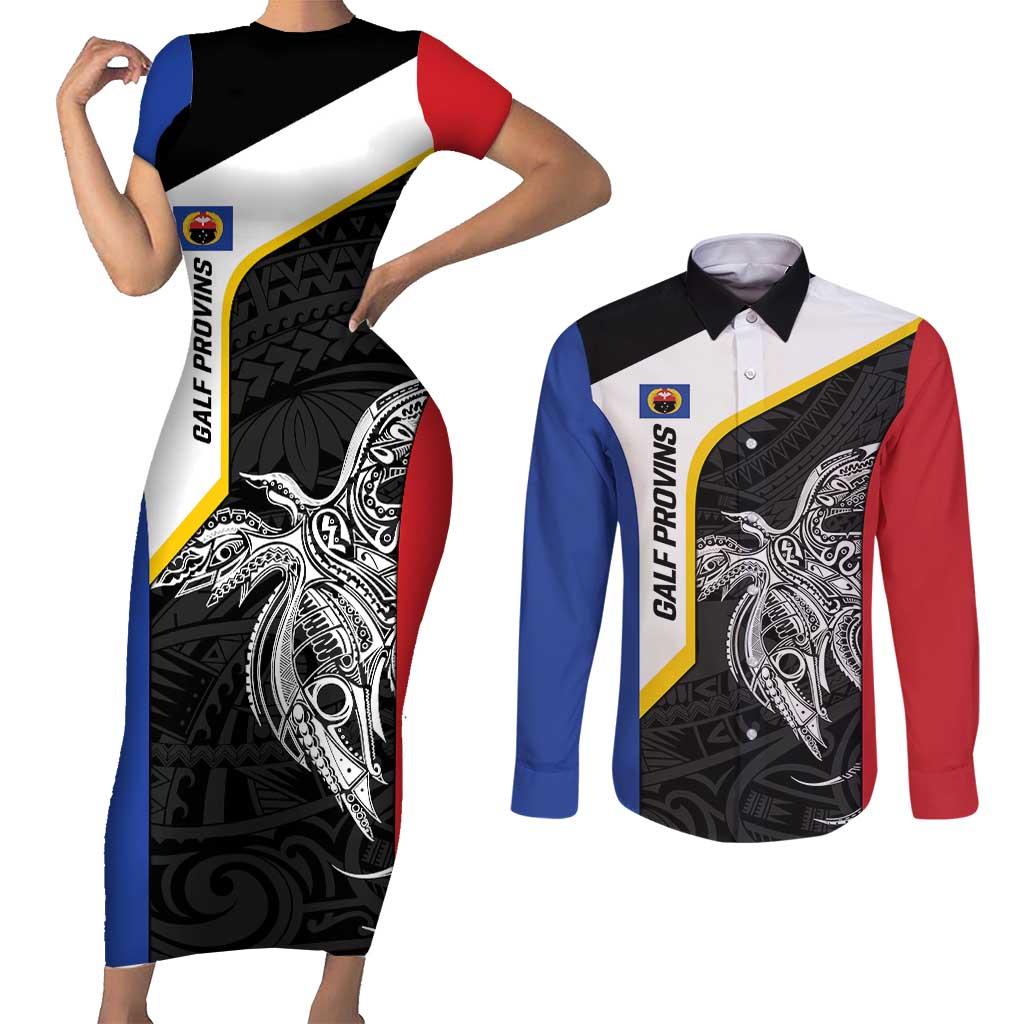 Personalised PNG Gulf Province Couples Matching Short Sleeve Bodycon Dress and Long Sleeve Button Shirt Bird of Paradise Tattoo Flag Motif LT9 Black - Polynesian Pride