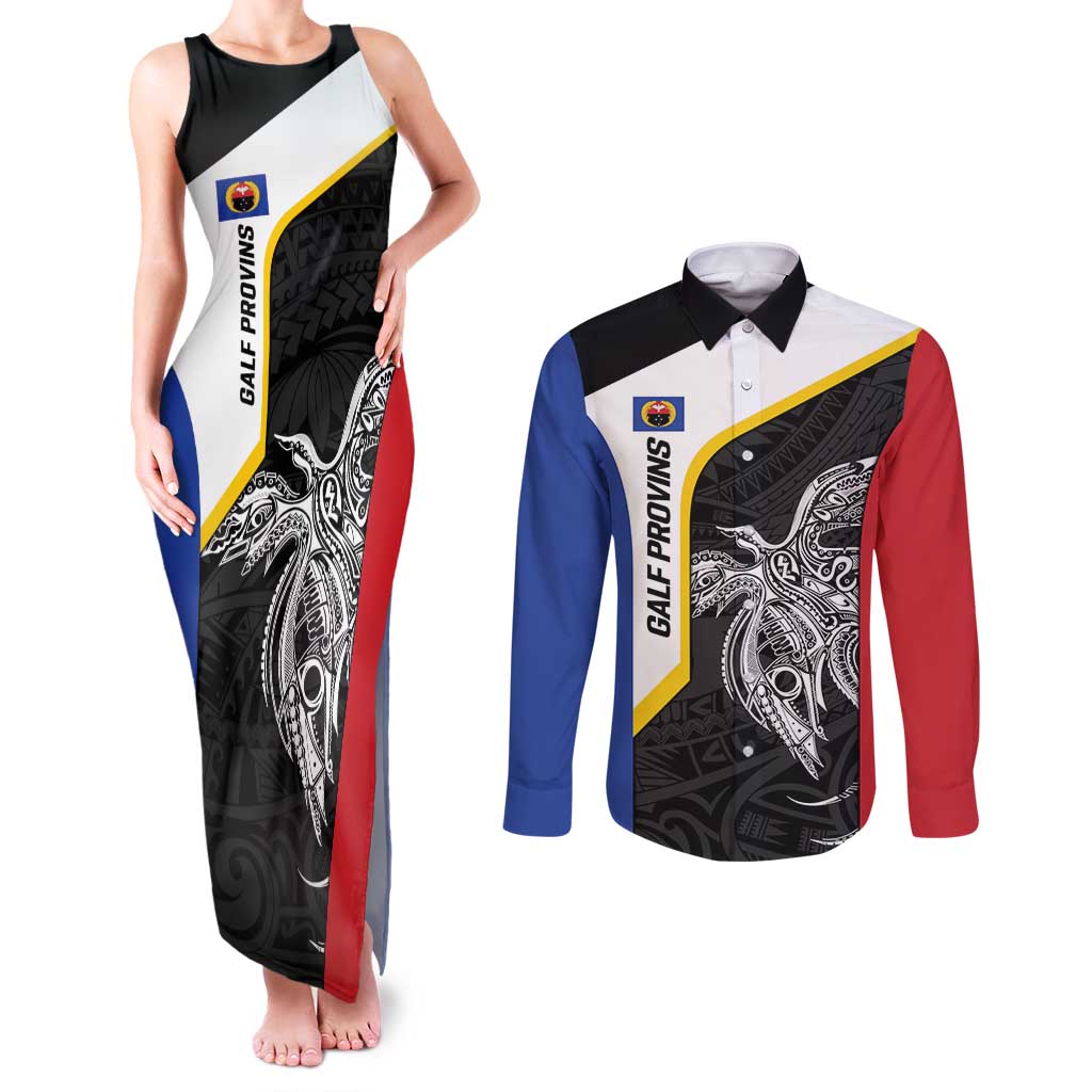Personalised PNG Gulf Province Couples Matching Tank Maxi Dress and Long Sleeve Button Shirt Bird of Paradise Tattoo Flag Motif - Polynesian Pride