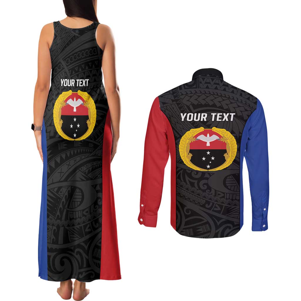 Personalised PNG Gulf Province Couples Matching Tank Maxi Dress and Long Sleeve Button Shirt Bird of Paradise Tattoo Flag Motif - Polynesian Pride