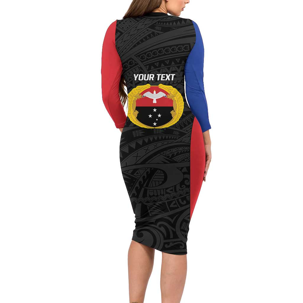 Personalised PNG Gulf Province Family Matching Long Sleeve Bodycon Dress and Hawaiian Shirt Bird of Paradise Tattoo Flag Motif - Polynesian Pride