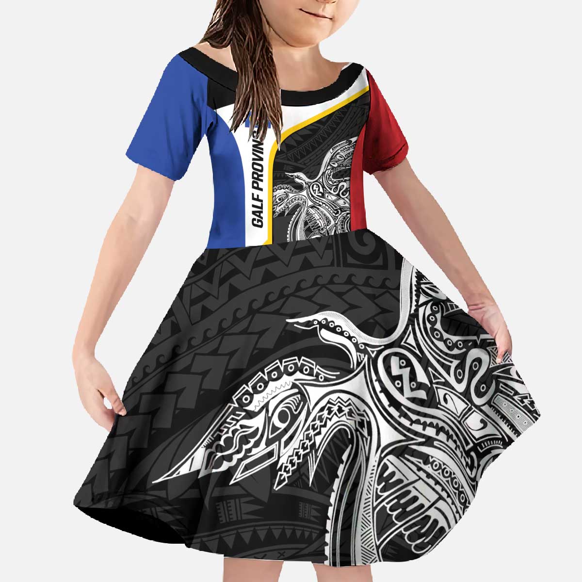 Personalised PNG Gulf Province Family Matching Off The Shoulder Long Sleeve Dress and Hawaiian Shirt Bird of Paradise Tattoo Flag Motif - Polynesian Pride