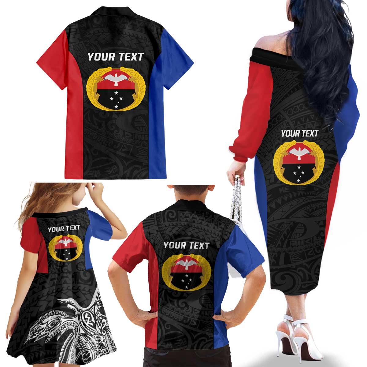 Personalised PNG Gulf Province Family Matching Off The Shoulder Long Sleeve Dress and Hawaiian Shirt Bird of Paradise Tattoo Flag Motif - Polynesian Pride