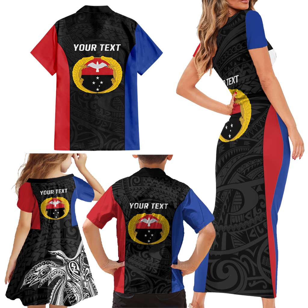 Personalised PNG Gulf Province Family Matching Short Sleeve Bodycon Dress and Hawaiian Shirt Bird of Paradise Tattoo Flag Motif - Polynesian Pride