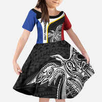 Personalised PNG Gulf Province Kid Short Sleeve Dress Bird of Paradise Tattoo Flag Motif - Polynesian Pride