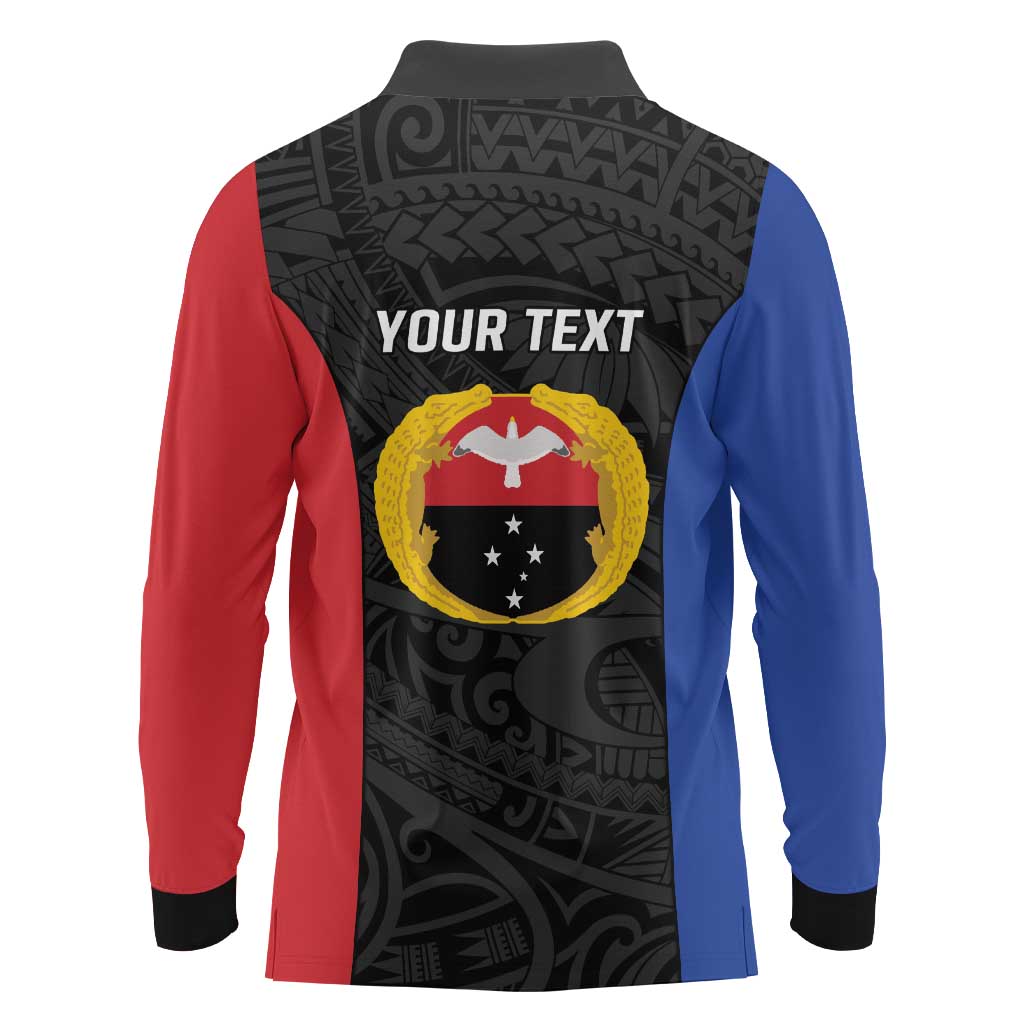 Personalised PNG Gulf Province Long Sleeve Polo Shirt Bird of Paradise Tattoo Flag Motif - Polynesian Pride