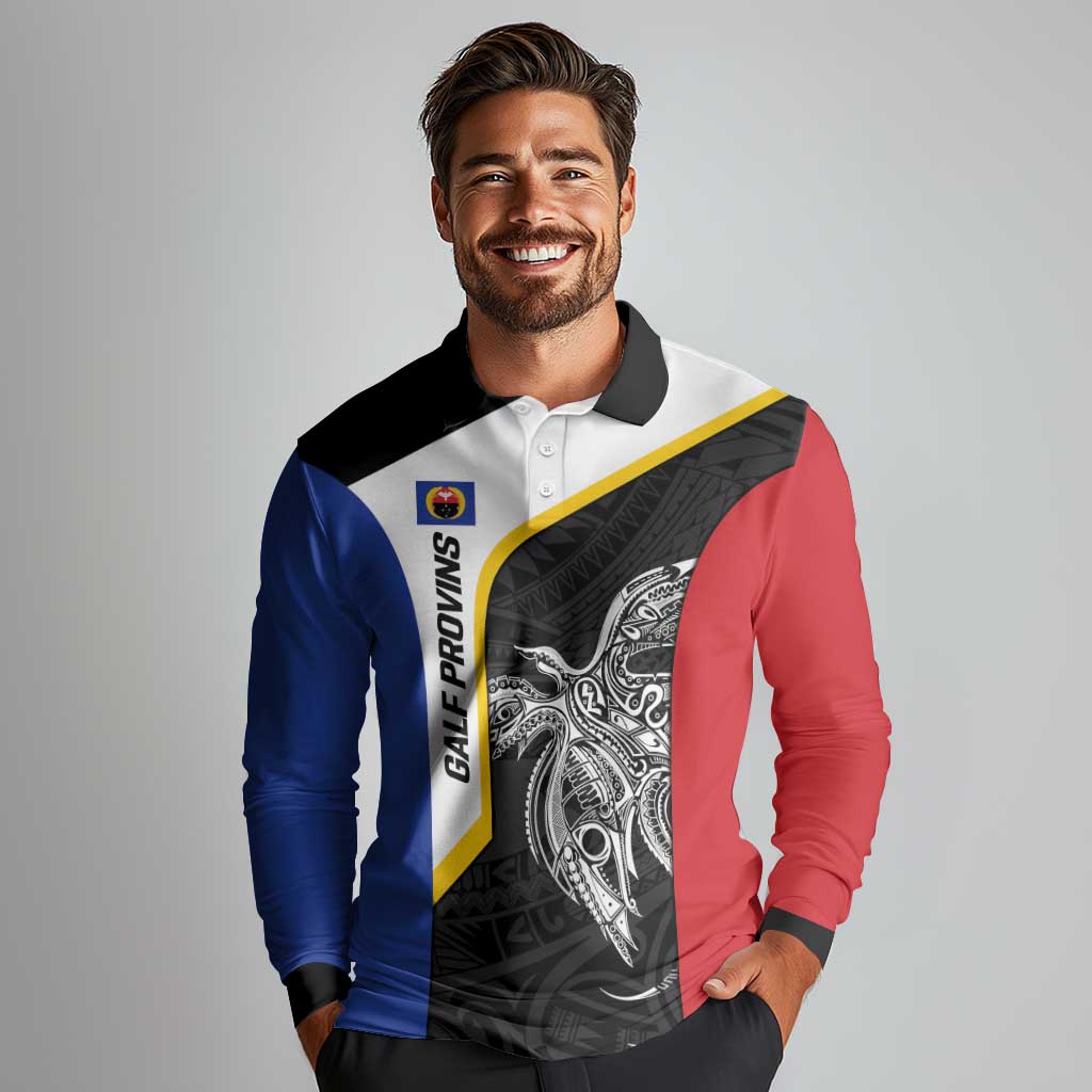 Personalised PNG Gulf Province Long Sleeve Polo Shirt Bird of Paradise Tattoo Flag Motif - Polynesian Pride