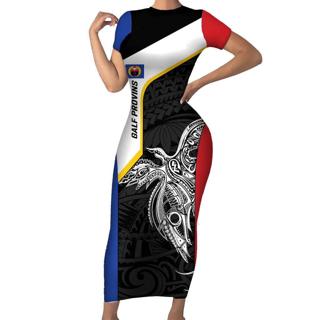 Personalised PNG Gulf Province Short Sleeve Bodycon Dress Bird of Paradise Tattoo Flag Motif - Polynesian Pride