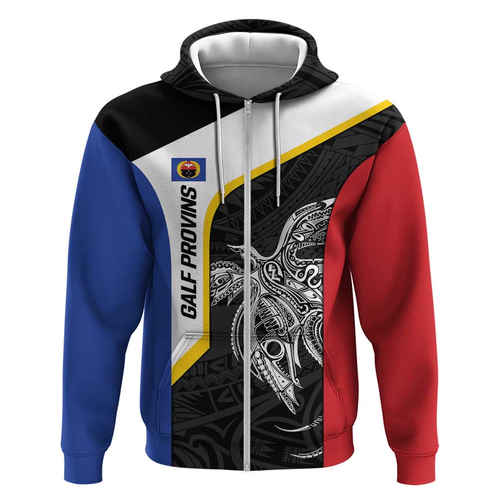 Personalised PNG Gulf Province Zip Hoodie Bird of Paradise Tattoo Flag Motif - Polynesian Pride