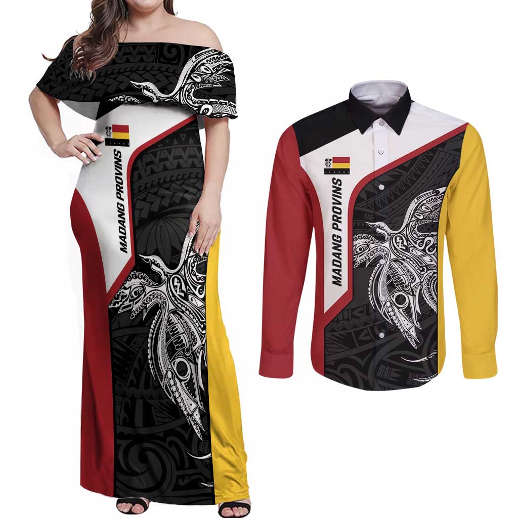 Personalised PNG Madang Province Couples Matching Off Shoulder Maxi Dress and Long Sleeve Button Shirt Bird of Paradise Tattoo Flag Motif LT9 Yellow - Polynesian Pride