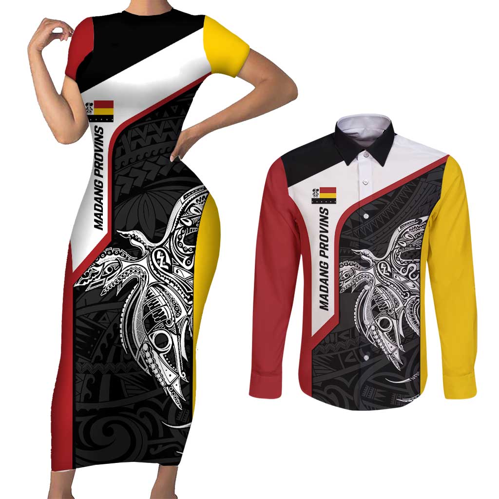 Personalised PNG Madang Province Couples Matching Short Sleeve Bodycon Dress and Long Sleeve Button Shirt Bird of Paradise Tattoo Flag Motif LT9 Yellow - Polynesian Pride