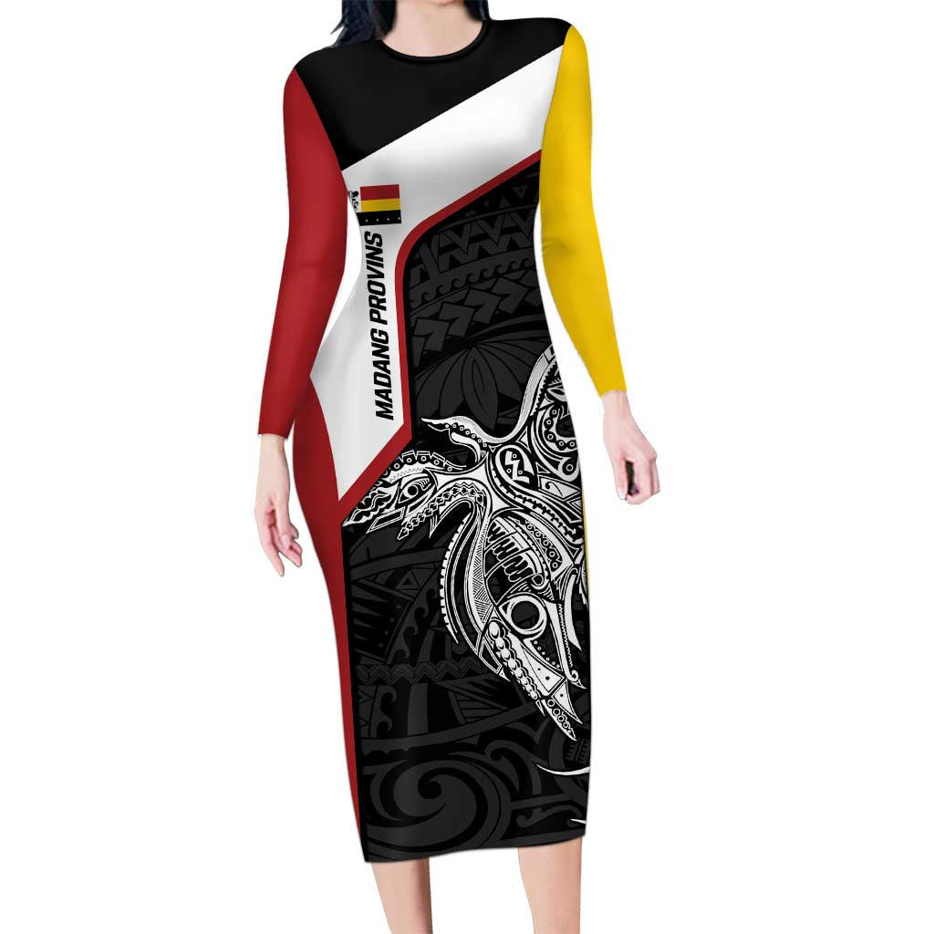 Personalised PNG Madang Province Family Matching Long Sleeve Bodycon Dress and Hawaiian Shirt Bird of Paradise Tattoo Flag Motif - Polynesian Pride