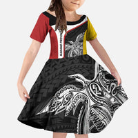 Personalised PNG Madang Province Family Matching Off The Shoulder Long Sleeve Dress and Hawaiian Shirt Bird of Paradise Tattoo Flag Motif - Polynesian Pride