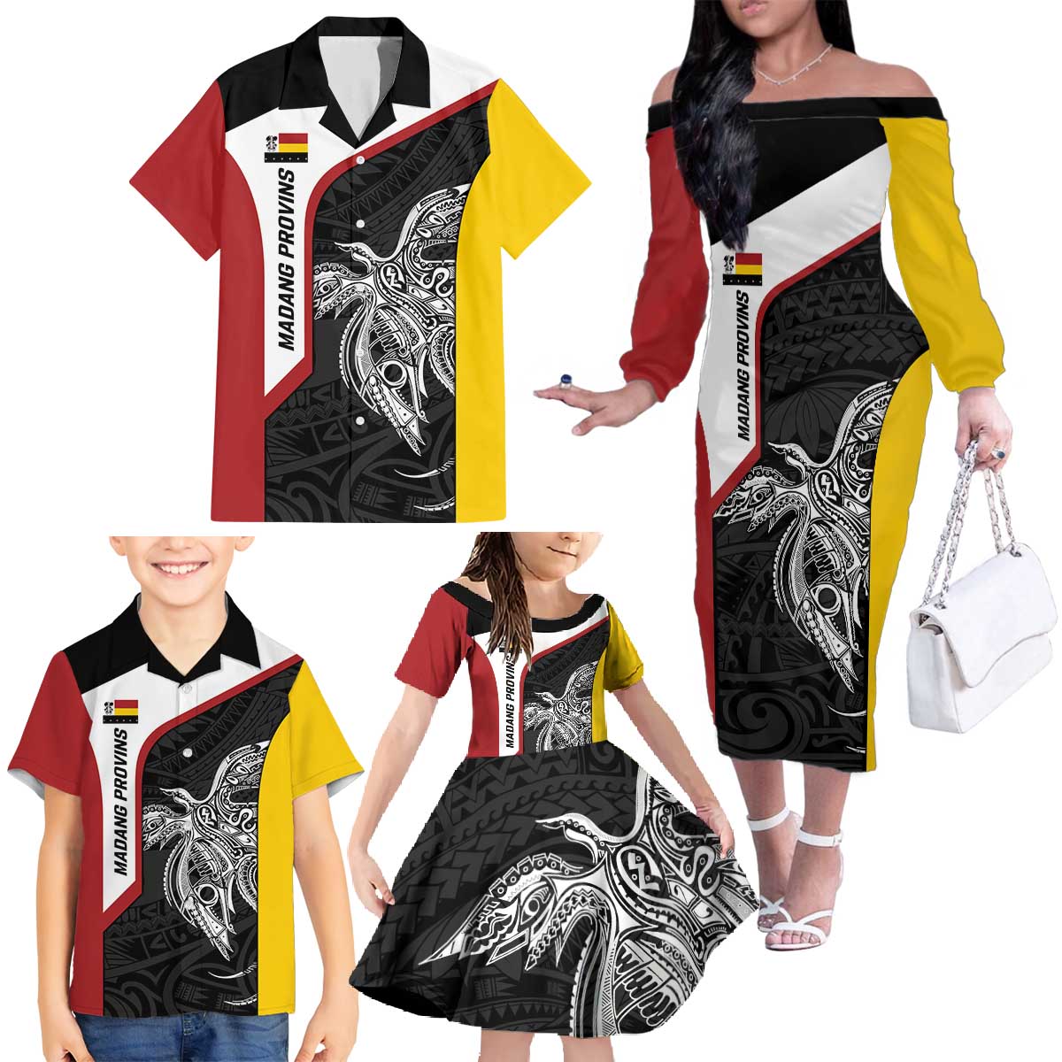 Personalised PNG Madang Province Family Matching Off The Shoulder Long Sleeve Dress and Hawaiian Shirt Bird of Paradise Tattoo Flag Motif LT9 - Polynesian Pride