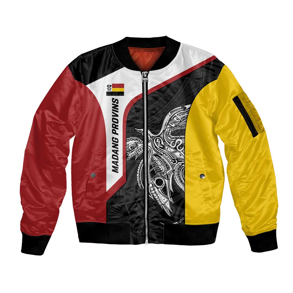 Personalised PNG Madang Province Sleeve Zip Bomber Jacket Bird of Paradise Tattoo Flag Motif - Polynesian Pride