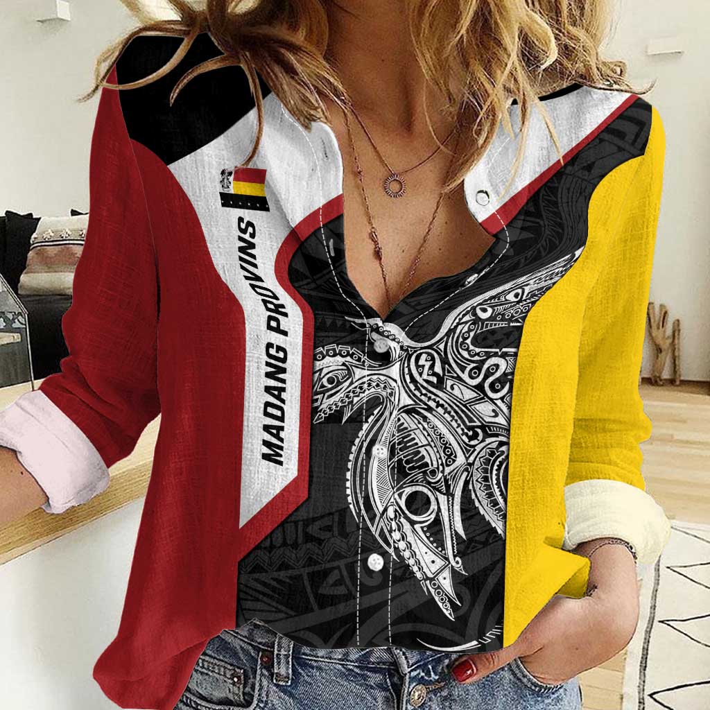 Personalised PNG Madang Province Women Casual Shirt Bird of Paradise Tattoo Flag Motif - Polynesian Pride