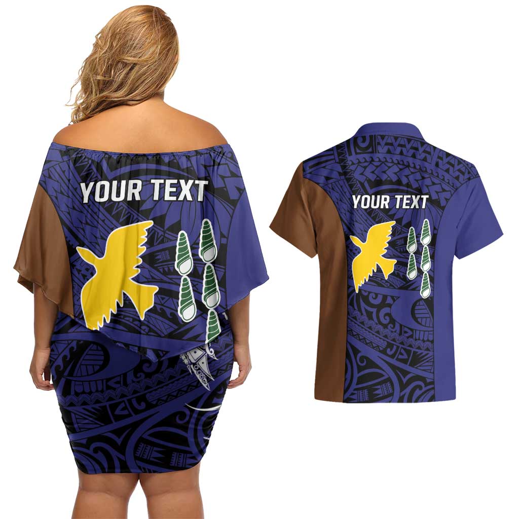 Personalised PNG Manus Province Couples Matching Off Shoulder Short Dress and Hawaiian Shirt Bird of Paradise Tattoo Flag Motif - Polynesian Pride