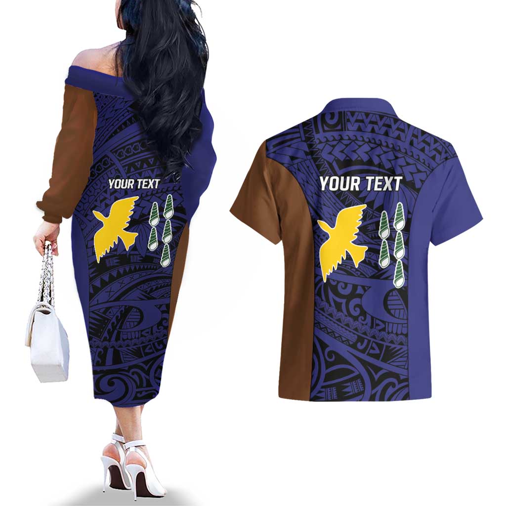 Personalised PNG Manus Province Couples Matching Off The Shoulder Long Sleeve Dress and Hawaiian Shirt Bird of Paradise Tattoo Flag Motif - Polynesian Pride