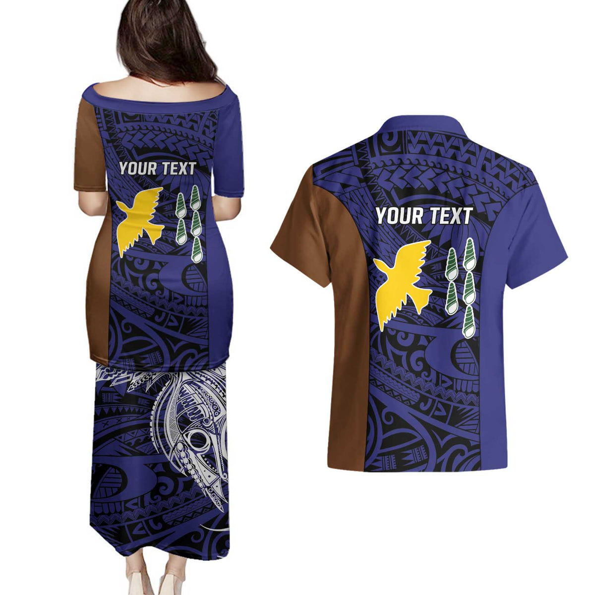 Personalised PNG Manus Province Couples Matching Puletasi and Hawaiian Shirt Bird of Paradise Tattoo Flag Motif - Polynesian Pride