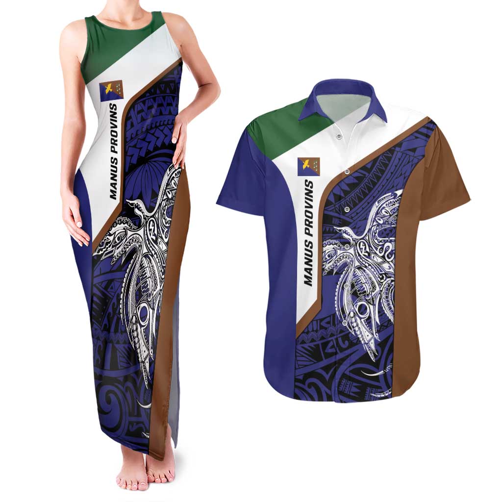 Personalised PNG Manus Province Couples Matching Tank Maxi Dress and Hawaiian Shirt Bird of Paradise Tattoo Flag Motif - Polynesian Pride