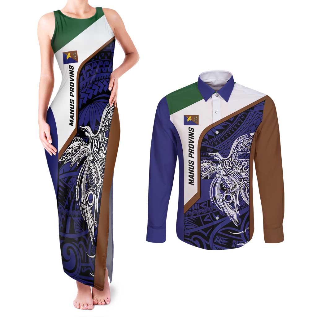 Personalised PNG Manus Province Couples Matching Tank Maxi Dress and Long Sleeve Button Shirt Bird of Paradise Tattoo Flag Motif LT9 Blue - Polynesian Pride