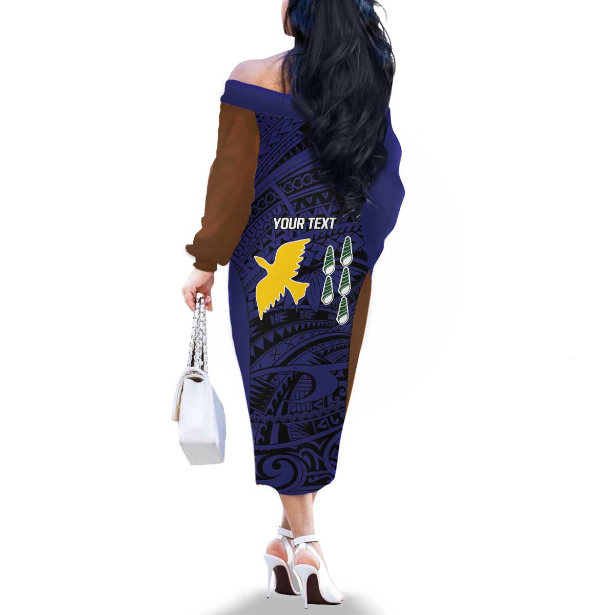 Personalised PNG Manus Province Family Matching Off The Shoulder Long Sleeve Dress and Hawaiian Shirt Bird of Paradise Tattoo Flag Motif - Polynesian Pride