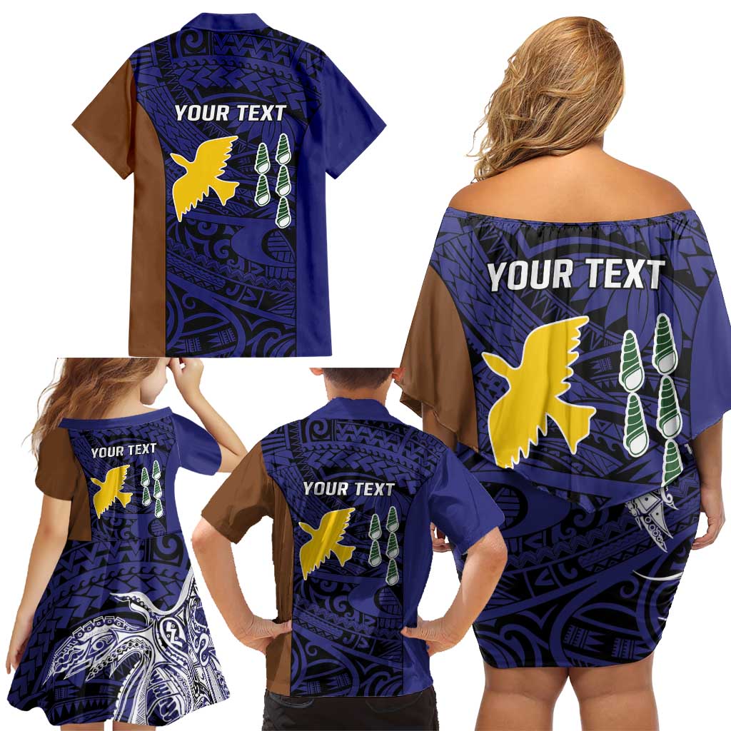 Personalised PNG Manus Province Family Matching Off Shoulder Short Dress and Hawaiian Shirt Bird of Paradise Tattoo Flag Motif - Polynesian Pride