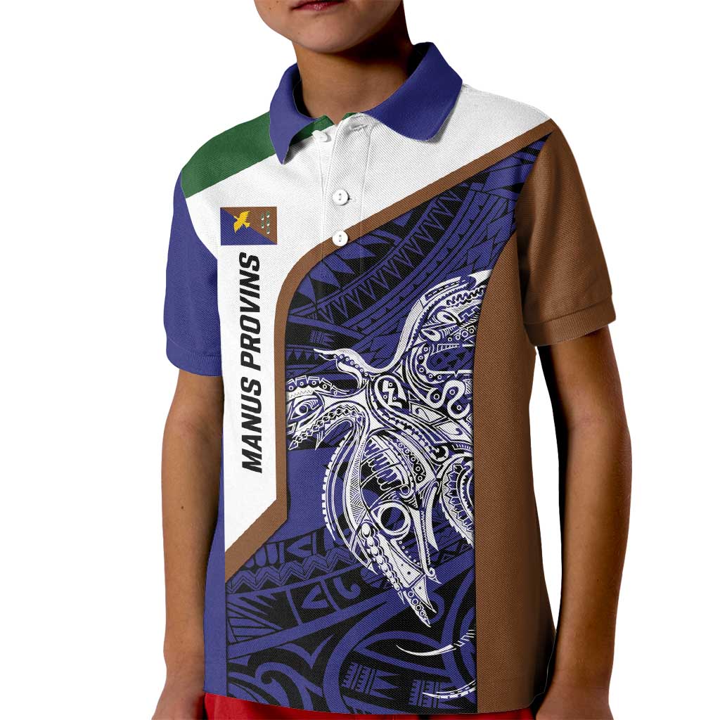 Personalised PNG Manus Province Kid Polo Shirt Bird of Paradise Tattoo Flag Motif - Polynesian Pride