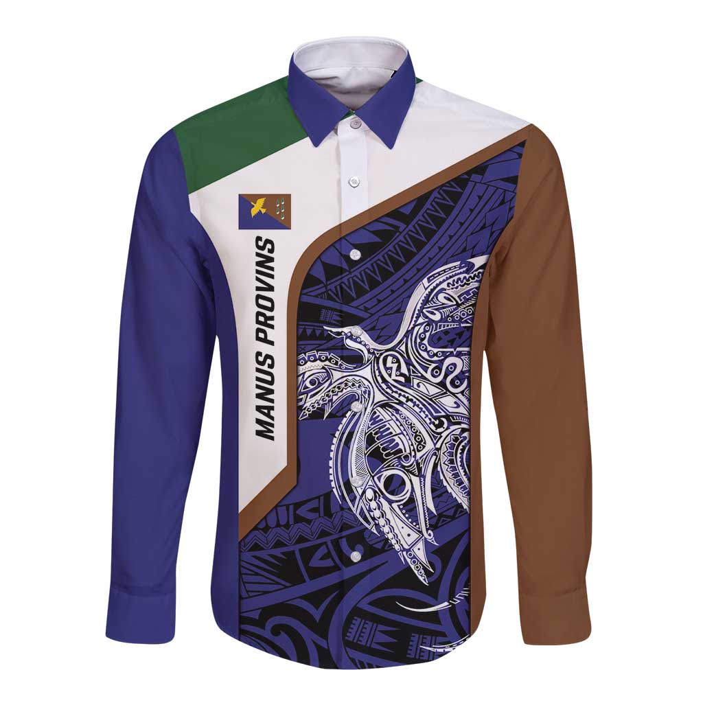 Personalised PNG Manus Province Long Sleeve Button Shirt Bird of Paradise Tattoo Flag Motif LT9 Unisex Blue - Polynesian Pride