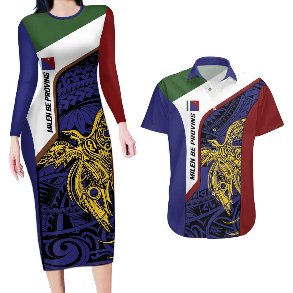 Personalised PNG Milne Bay Province Couples Matching Long Sleeve Bodycon Dress and Hawaiian Shirt Bird of Paradise Tattoo Flag Motif LT9 Blue - Polynesian Pride