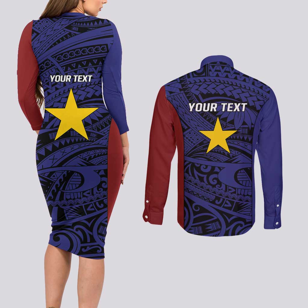 Personalised PNG Milne Bay Province Couples Matching Long Sleeve Bodycon Dress and Long Sleeve Button Shirt Bird of Paradise Tattoo Flag Motif - Polynesian Pride
